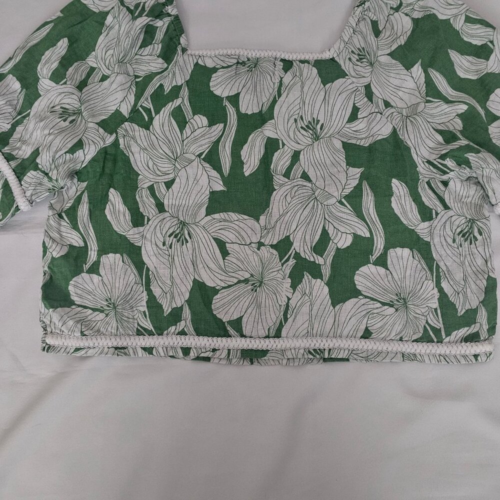 Tahari Women's Green White Floral Linen Square Neck 3/4 Sleeve Blouse Size XL - Picture 5 of 15